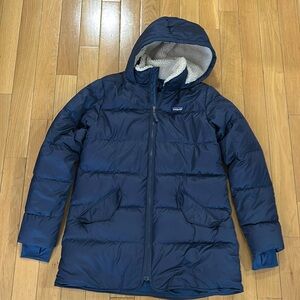 Patagonia Girls Down Parka Hooded Jacket Coat Navy Blue Size XXL 16-18